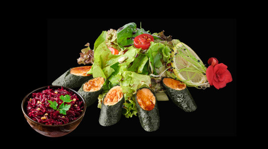 Sushi au saumon et coulis de poivron