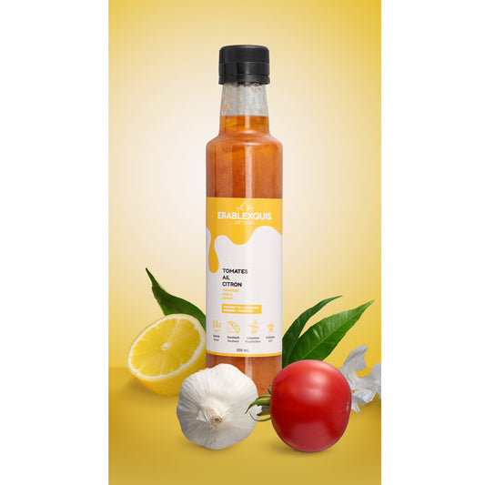 Vinaigrette / marinade québécoise Érablexquis Tomate Ail Citron. Produit naturel, local, fait de sirop d’érable pur, gastronomique, sans gluten et végétarien. Savoureux en salade, sandwich, légumes, grillade, pour des recettes rehaussées.