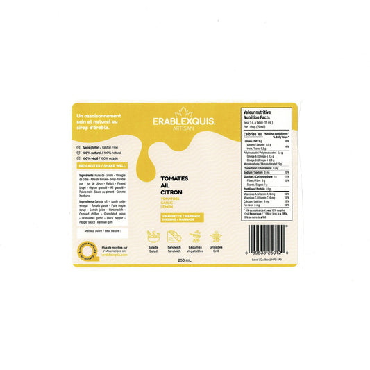 Vinaigrette / marinade québécoise Érablexquis Tomate Ail Citron. Produit naturel, local, fait de sirop d’érable pur, gastronomique, sans gluten et végétarien. Savoureux en salade, sandwich, légumes, grillade, pour des recettes rehaussées.
