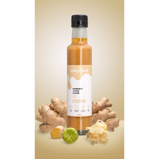 Vinaigrette / marinade québécoise Érablexquis Gingembre Tamari Wasabi. Produit naturel, local, fait de sirop d’érable pur, gastronomique, sans gluten et végétarien. Savoureux en salade, sandwich, légumes, grillade, pour des recettes rehaussées.