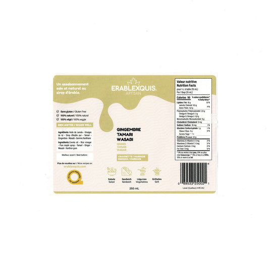 Vinaigrette / marinade québécoise Érablexquis Gingembre Tamari Wasabi. Produit naturel, local, fait de sirop d’érable pur, gastronomique, sans gluten et végétarien. Savoureux en salade, sandwich, légumes, grillade, pour des recettes rehaussées.