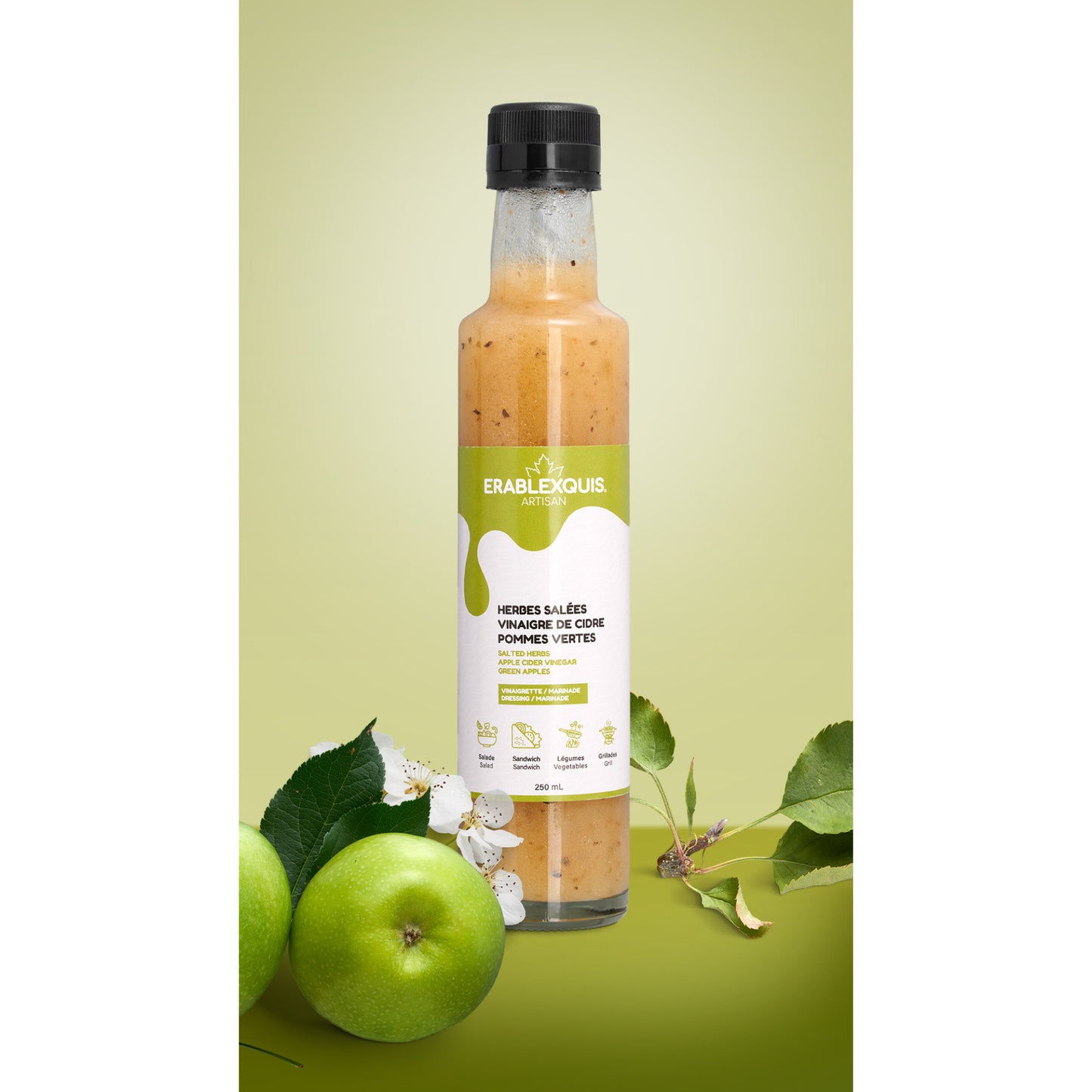 Vinaigrette / marinade québécoise Érablexquis Herbes salées Vinaigre de cidre Pommes vertes. Produit naturel, local, fait de sirop d’érable pur, gastronomique, sans gluten et végétarien. Savoureux en salade, sandwich, légumes, grillade, pour des recettes rehaussées.