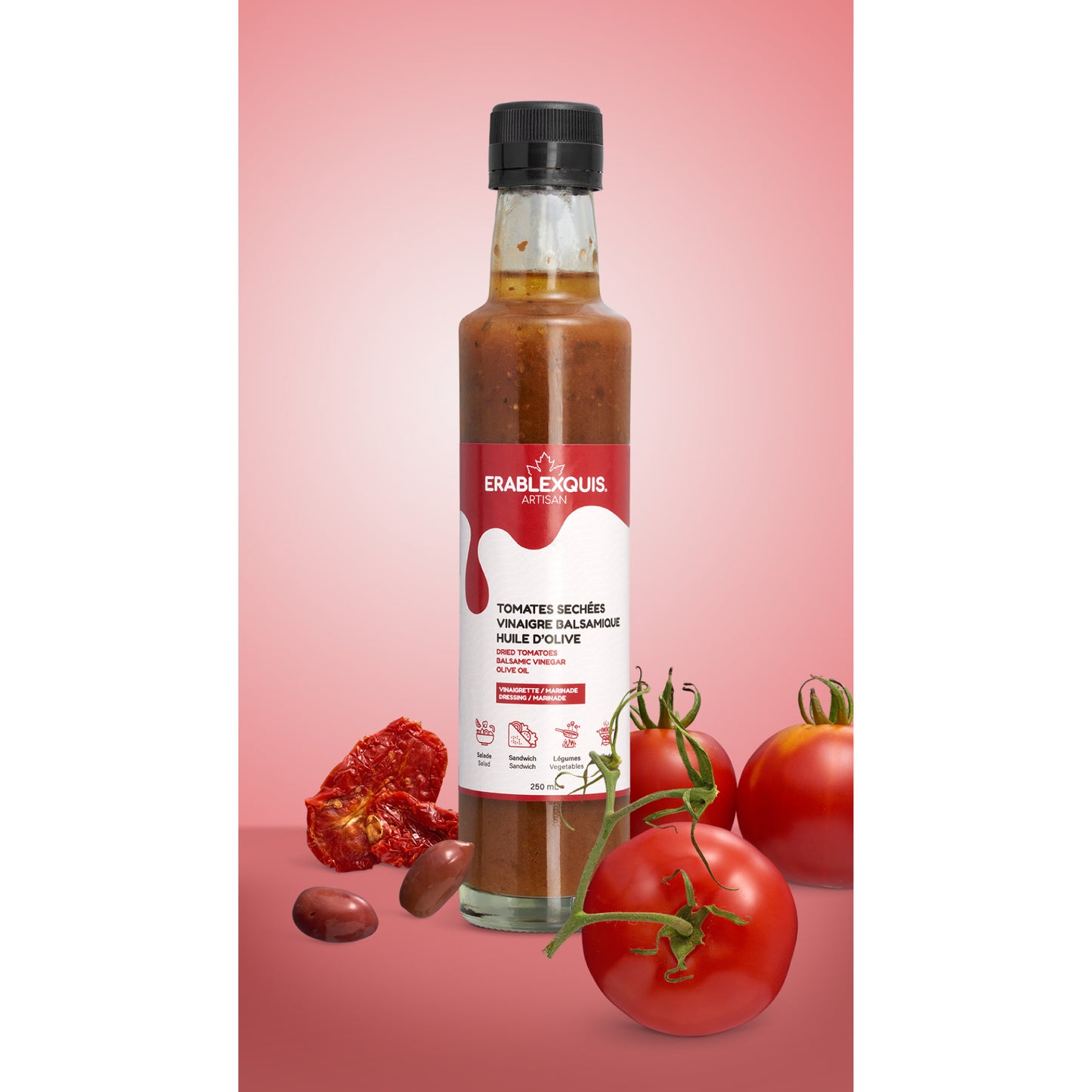 Vinaigrette / marinade québécoise Érablexquis Tomates sechées Vinaigre Balsamique Huile d'olive. Produit naturel, local, fait de sirop d’érable pur, gastronomique, sans gluten et végétarien. Savoureux en salade, sandwich, légumes, grillade, pour des recettes rehaussées.