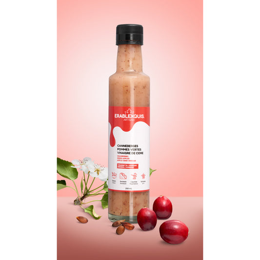Vinaigrette / marinade québécoise Érablexquis Canneberges Pommes vertes Vinaigre de cidre. Produit naturel, local, fait de sirop d’érable pur, gastronomique, sans gluten et végétarien. Savoureux en salade, sandwich, légumes, grillade, pour des recettes rehaussées.