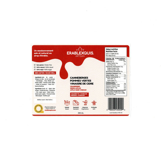 Vinaigrette / marinade québécoise Érablexquis Canneberges Pommes vertes Vinaigre de cidre. Produit naturel, local, fait de sirop d’érable pur, gastronomique, sans gluten et végétarien. Savoureux en salade, sandwich, légumes, grillade, pour des recettes rehaussées.