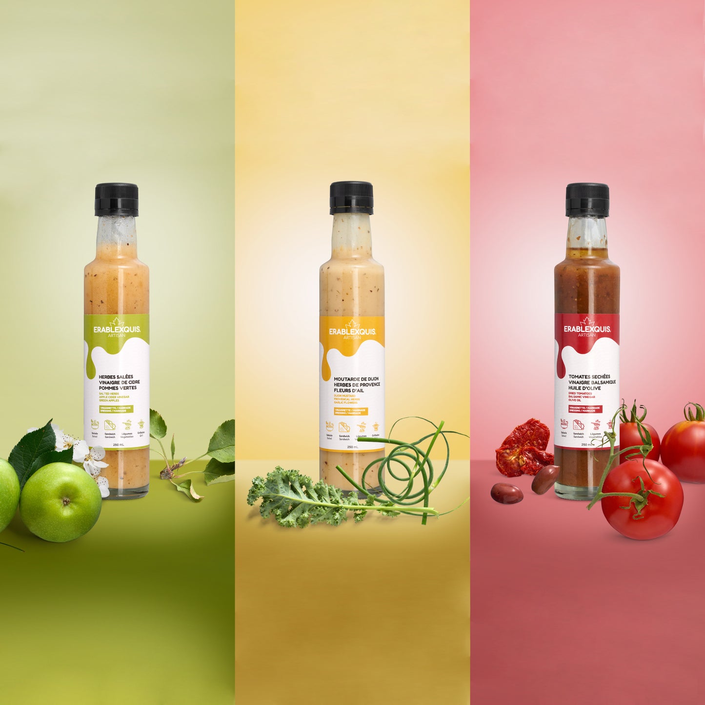 Vinaigrette / marinade québécoise Érablexquis Trio Classique – Herbes salées Vinaigre de cidre Pommes vertes, Moutarde de dijon Herbes de provence Fleurs d’ail, Tomates séchées Vinaigre balsamique Huile d’olive. Produit naturel, local, fait de sirop d’érable pur, gastronomique, sans gluten et végétarien. Savoureux en salade, sandwich, légumes, grillade, pour des recettes rehaussées.