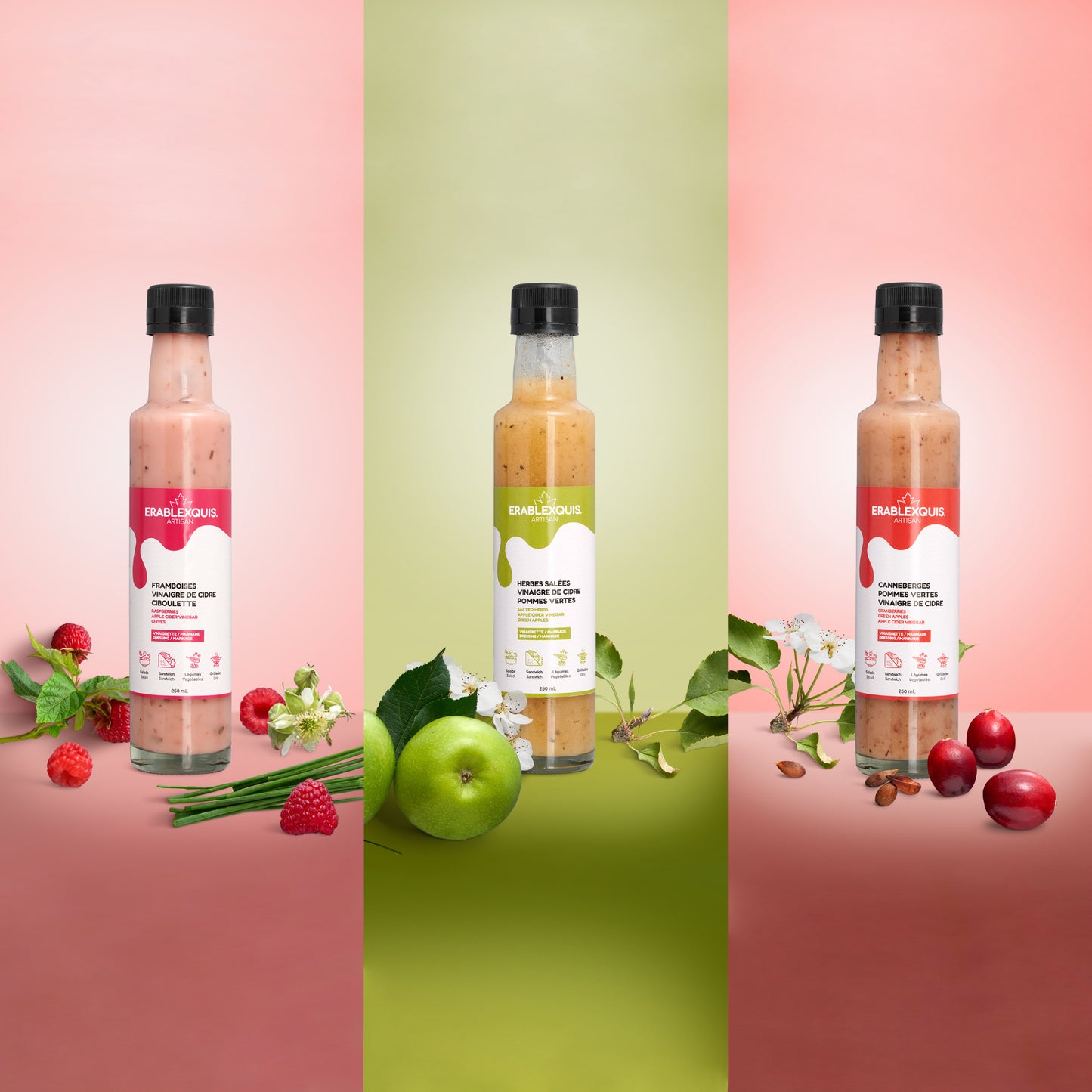 Vinaigrette / marinade québécoise Érablexquis Trio Fruité – Framboises Vinaigre de cidre Ciboulette, Herbes salées Vinaigre de cidre Pommes vertes, Canneberges Pommes vertes Vinaigre de cidre. Produit naturel, local, fait de sirop d’érable pur, gastronomique, sans gluten et végétarien. Savoureux en salade, sandwich, légumes, grillade, pour des recettes rehaussées.