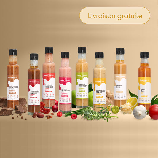 Vinaigrettes / marinades québécoises Érablexquis Canneberges Pommes vertes Vinaigre de cidre. Produit naturel, local, fait de sirop d’érable pur, gastronomique, sans gluten et végétarien. Savoureux en salade, sandwich, légumes, grillade, pour des recettes rehaussées.