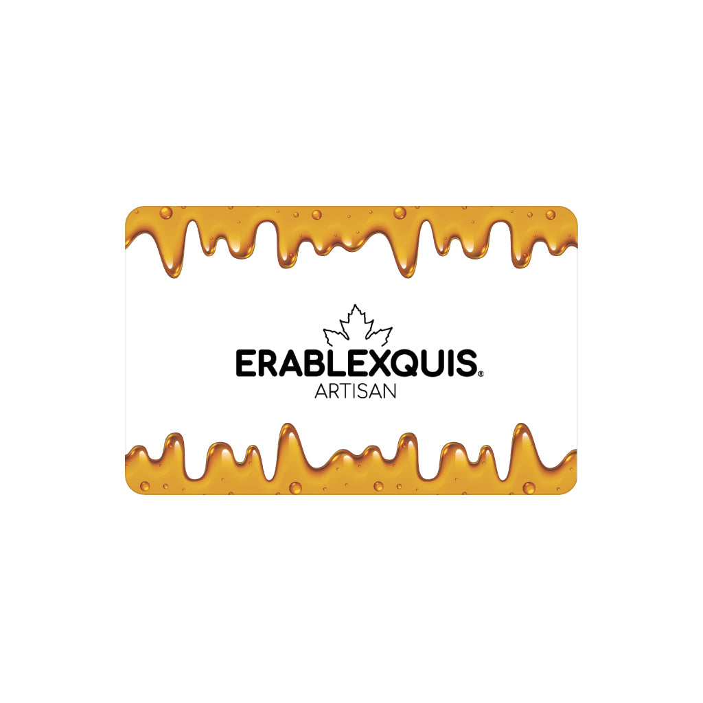 Carte-cadeau Érablexquis pour vinaigrette / marinade québécoise. Produit naturel, local, fait de sirop d’érable pur, gastronomique, sans gluten et végétarien. Savoureux en salade, sandwich, légumes, grillade, pour des recettes rehaussées.